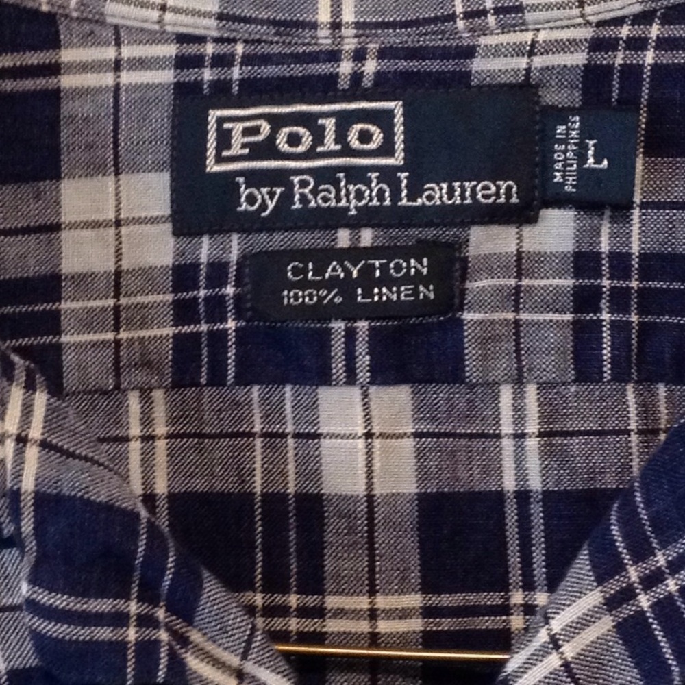 Blue linen plaid short sleeve Polo